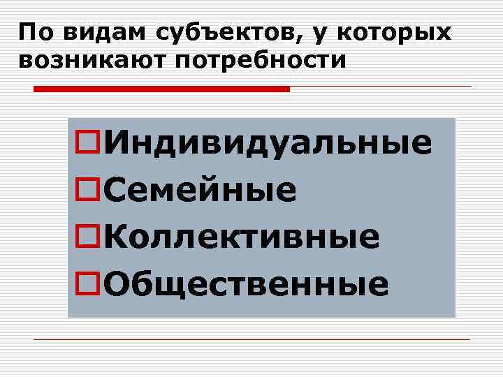 По видам субъектов, у которых возникают потребности o. Индивидуальные o. Семейные o. Коллективные o.