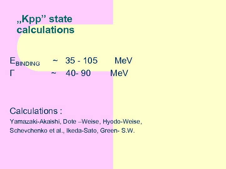 „Kpp” state calculations EBINDING Г ~ 35 - 105 ~ 40 - 90 Me.