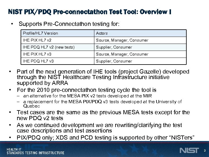 NIST PIX/PDQ Pre-connectathon Test Tool: Overview I • Supports Pre-Connectathon testing for: Profile/HL 7