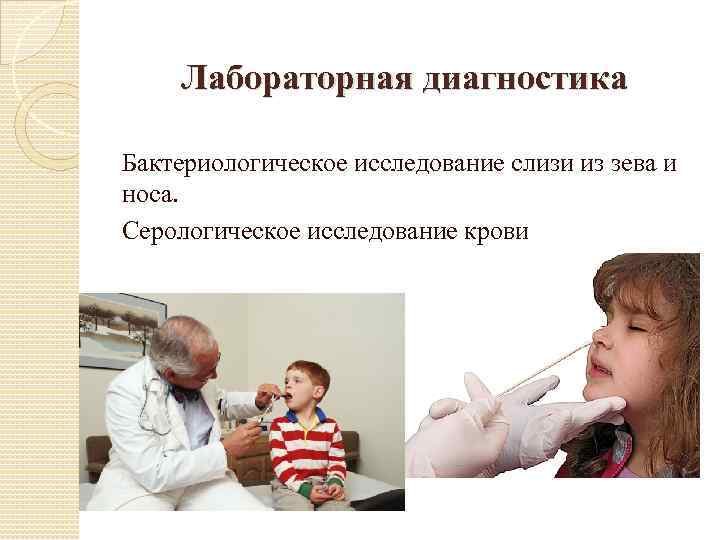 Лабораторная диагностика Бактериологическое исследование слизи из зева и носа. Серологическое исследование крови 