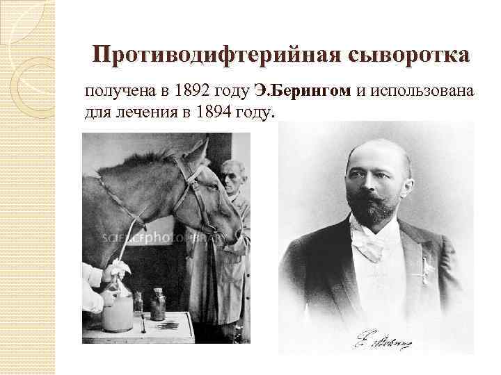 Противодифтерийная сыворотка получена в 1892 году Э. Берингом и использована для лечения в 1894