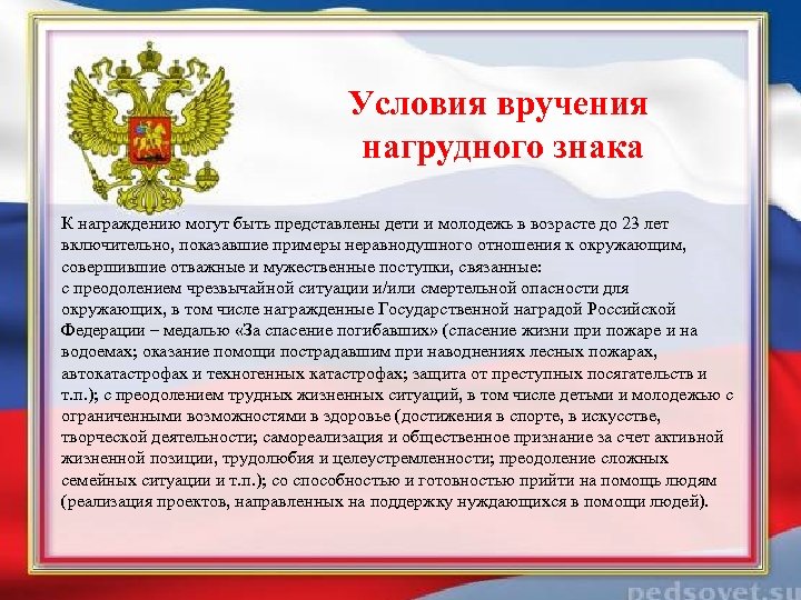 Условия вручения нагрудного знака К награждению могут быть представлены дети и молодежь в возрасте