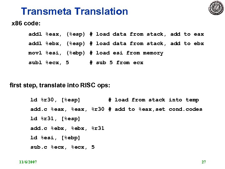 Transmeta Translation x 86 code: addl %eax, (%esp) # load data from stack, add