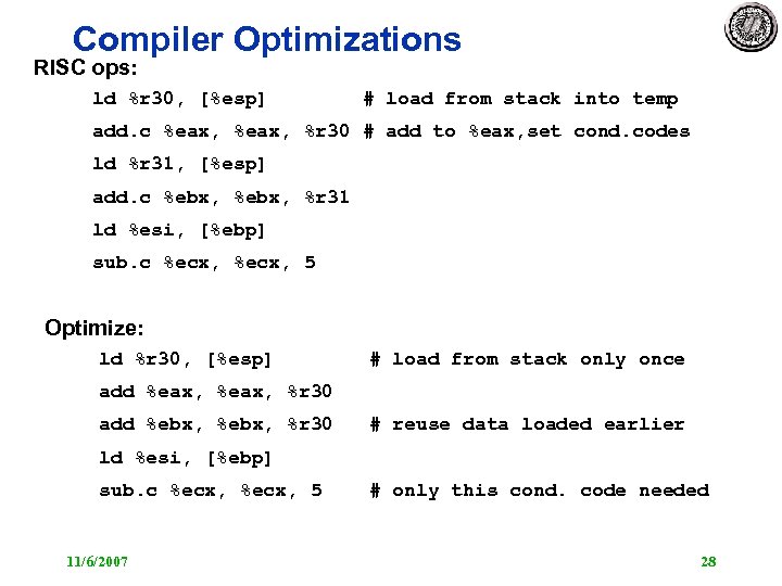 Compiler Optimizations RISC ops: ld %r 30, [%esp] # load from stack into temp