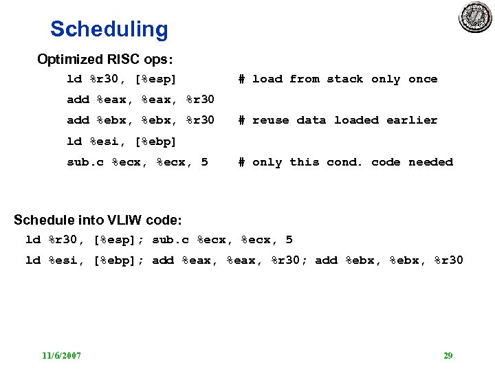 Scheduling Optimized RISC ops: ld %r 30, [%esp] # load from stack only once