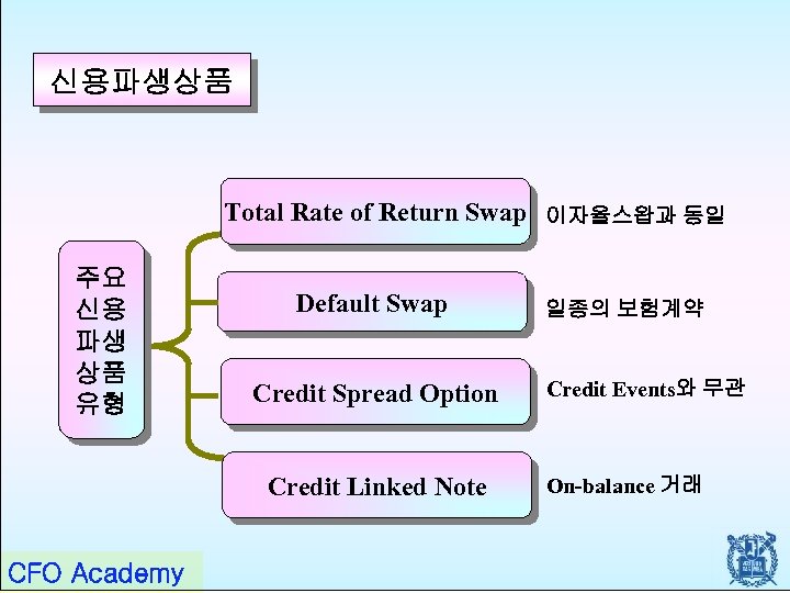 신용파생상품 Total Rate of Return Swap 이자율스왑과 동일 주요 신용 파생 상품 유형 Default
