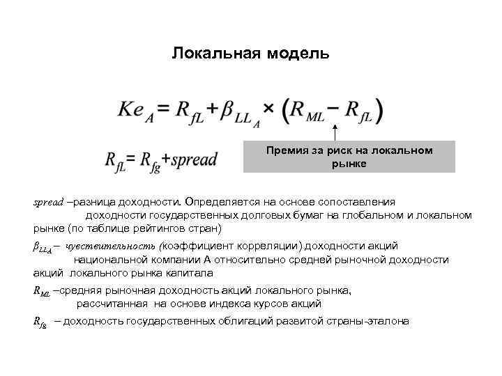 Локальная модель Премия за риск на локальном рынке spread –разница доходности. Определяется на основе