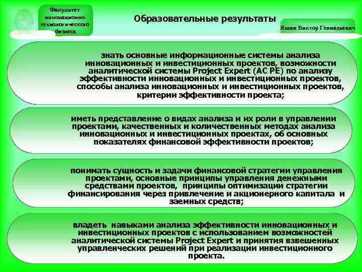 Факультет инновационнотехнологического бизнеса Образовательные результаты Яшин Виктор Геннадьевич знать основные информационные системы анализа инновационных