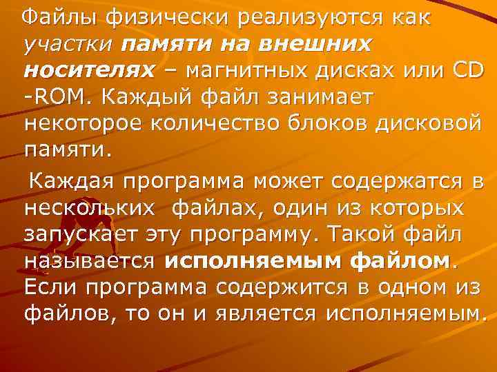 Файлы физически реализуются как участки памяти на внешних носителях – магнитных дисках или CD