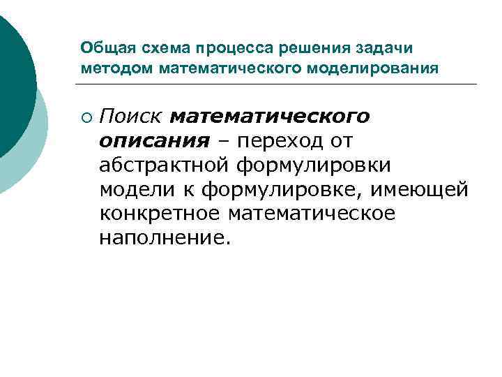 Общая схема процесса решения задачи методом математического моделирования ¡ Поиск математического описания – переход