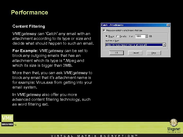 Performance Content Filtering VMEgateway can ‘Catch’ any email with an attachment according to its