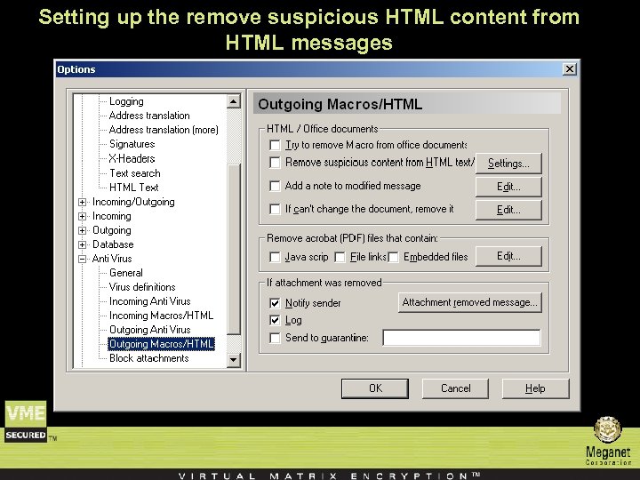 Setting up the remove suspicious HTML content from HTML messages 