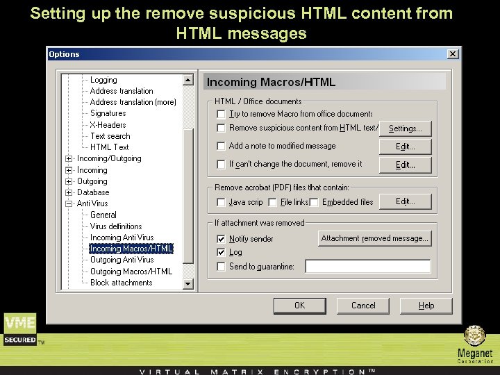 Setting up the remove suspicious HTML content from HTML messages 