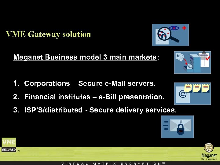 VME Gateway solution Meganet Business model 3 main markets: 1. Corporations – Secure e-Mail
