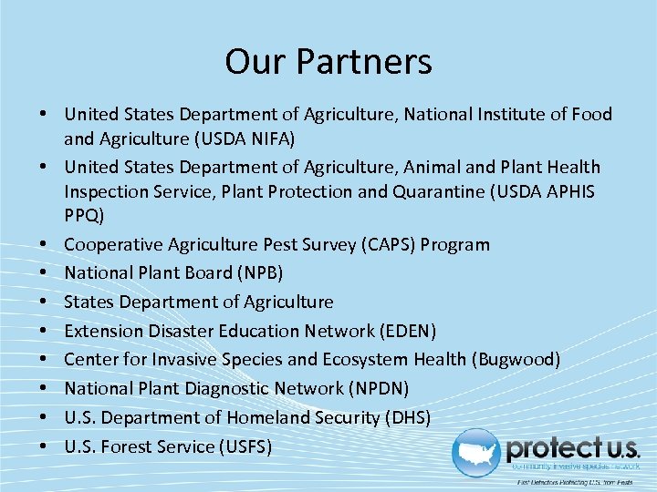 Our Partners • United States Department of Agriculture, National Institute of Food and Agriculture