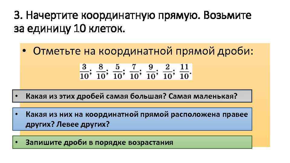 3. Начертите координатную прямую. Возьмите за единицу 10 клеток. • Отметьте на координатной прямой