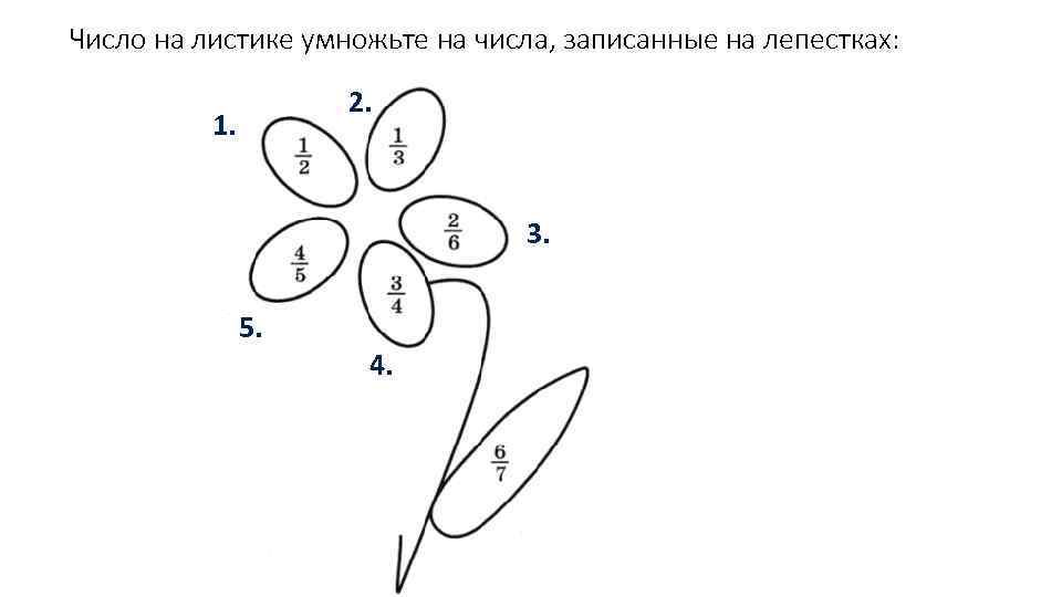 Число на листике умножьте на числа, записанные на лепестках: 2. 1. 3. 5. 4.