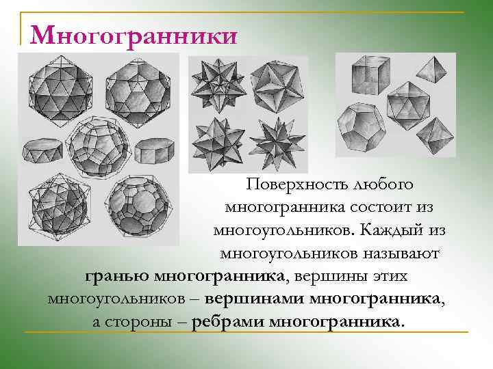 Многогранники Поверхность любого многогранника состоит из многоугольников. Каждый из многоугольников называют гранью многогранника, вершины