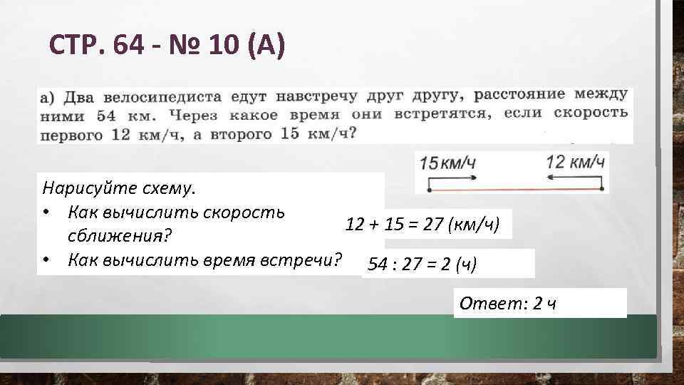 СТР. 64 - № 10 (А) Нарисуйте схему. • Как вычислить скорость 12 +