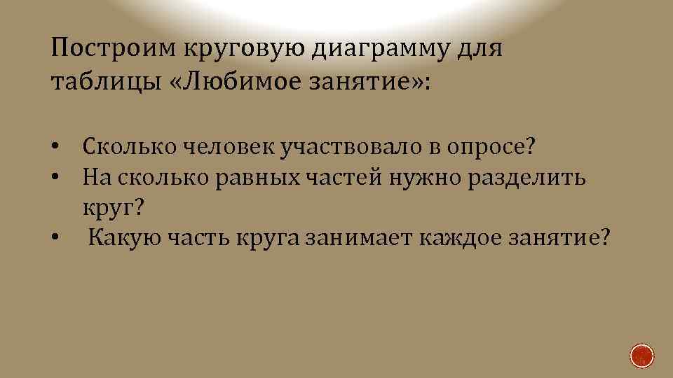 Построим круговую диаграмму для таблицы «Любимое занятие» : • Сколько человек участвовало в опросе?