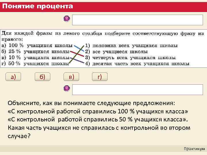 Понятие процента а) б) в) г) Объясните, как вы понимаете следующие предложения: «С контрольной