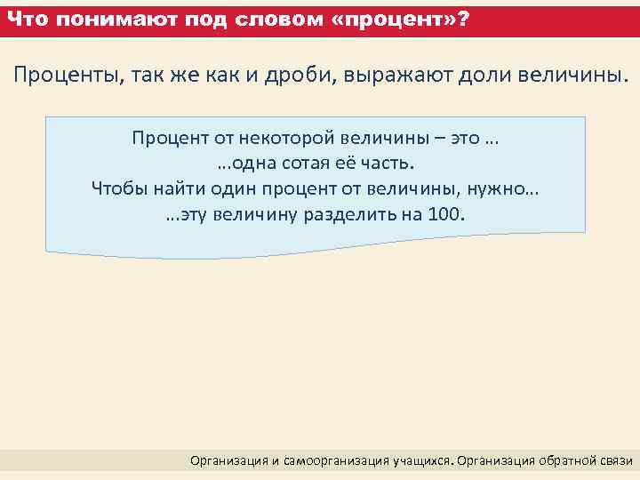 Что понимают под словом «процент» ? Проценты, так же как и дроби, выражают доли