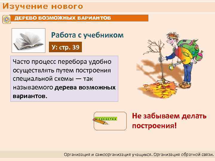 Изучение нового ДЕРЕВО ВОЗМОЖНЫХ ВАРИАНТОВ Работа с учебником У: стр. 39 Часто процесс перебора