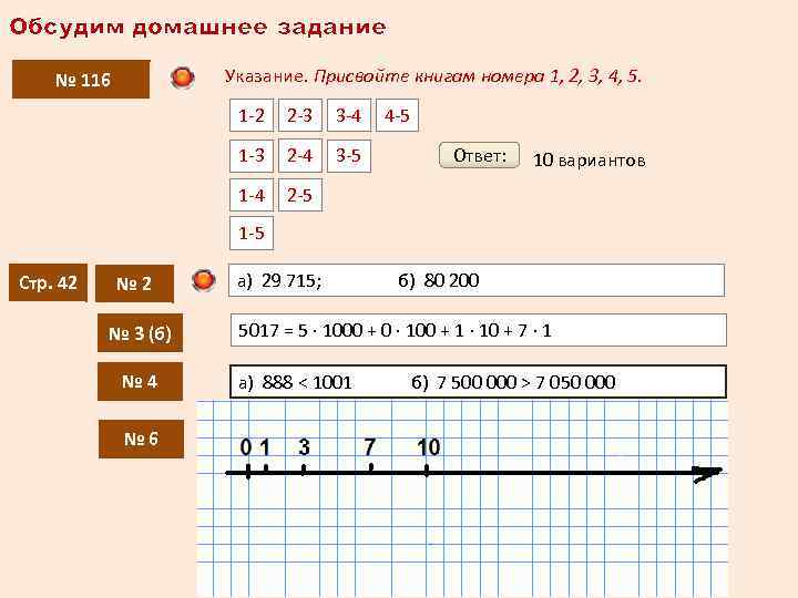 Обсудим домашнее задание Указание. Присвойте книгам номера 1, 2, 3, 4, 5. № 116