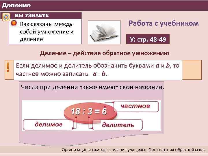 Деление ВЫ УЗНАЕТЕ Как связаны между собой умножение и деление Работа с учебником У: