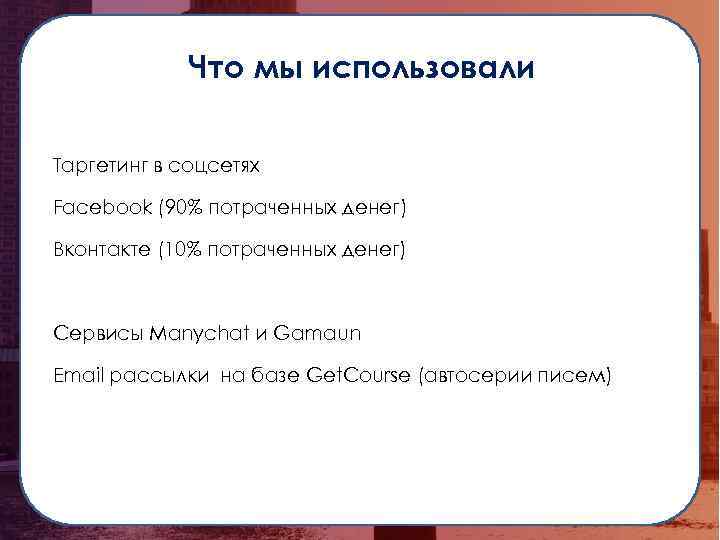 Что мы использовали Таргетинг в соцсетях Facebook (90% потраченных денег) Вконтакте (10% потраченных денег)
