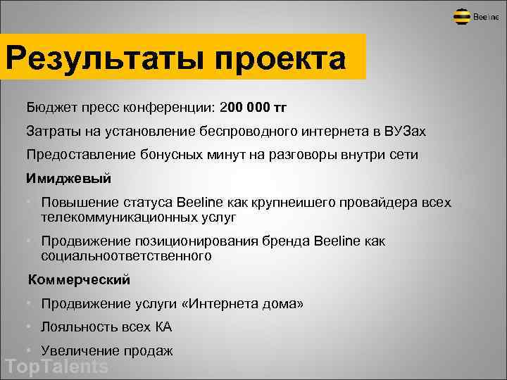 Результаты проекта Бюджет пресс конференции: 200 000 тг Затраты на установление беспроводного интернета в