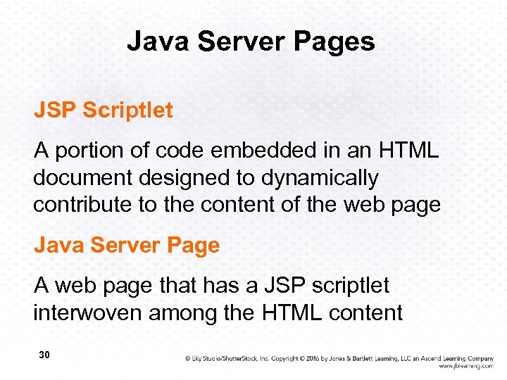 Java Server Pages JSP Scriptlet A portion of code embedded in an HTML document