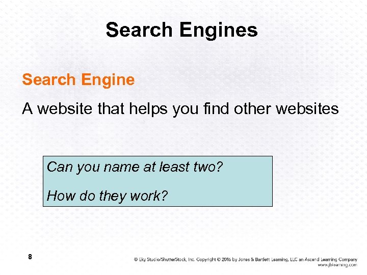 Search Engines Search Engine A website that helps you find other websites Can you