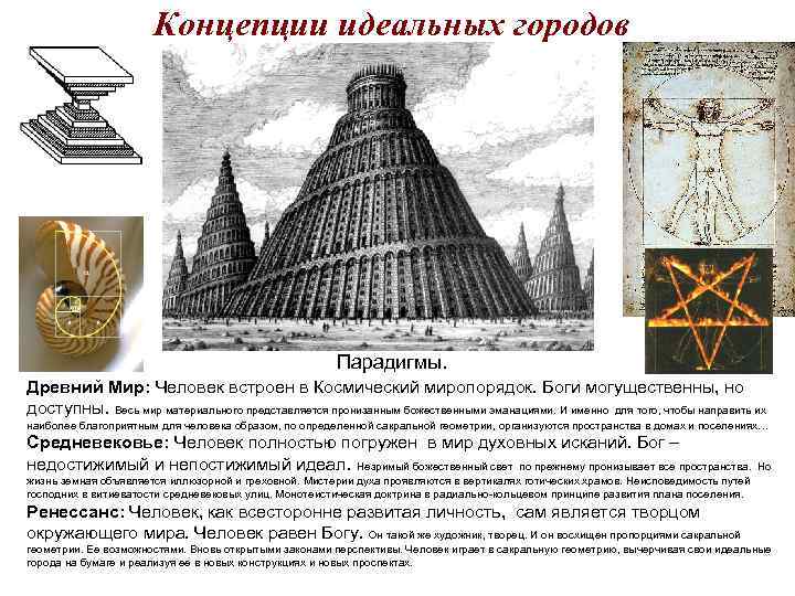 Концепции идеальных городов Парадигмы. Древний Мир: Человек встроен в Космический миропорядок. Боги могущественны, но