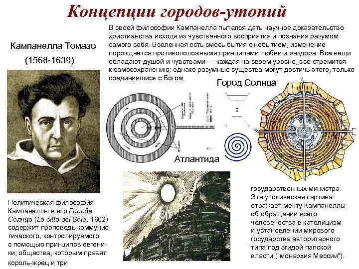 Концепции городов-утопий Кампанелла Томазо (1568 -1639) В своей философии Кампанелла пытался дать научное доказательство