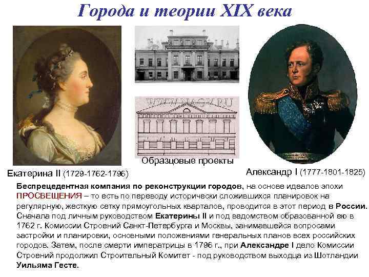 Города и теории XIX века Образцовые проекты Екатерина II (1729 -1762 -1796) Александр I