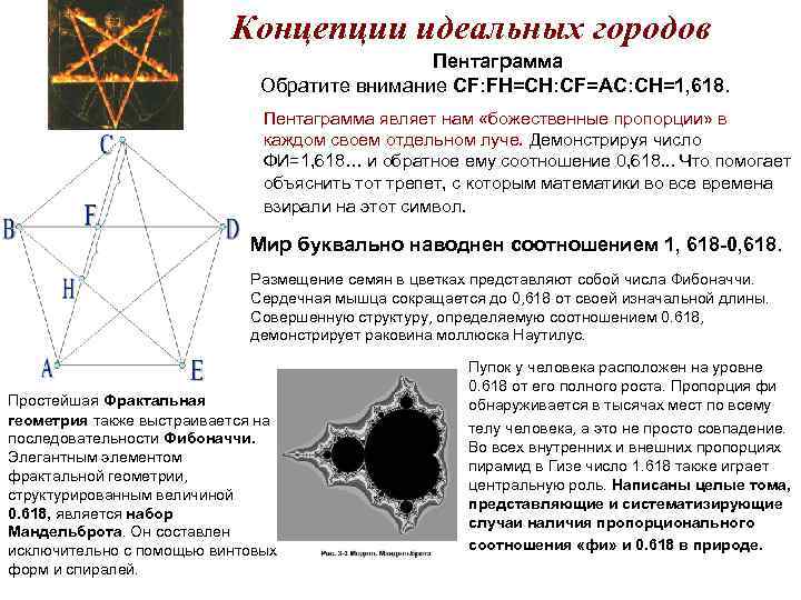 Концепции идеальных городов Пентаграмма Обратите внимание CF: FH=CH: CF=AC: CH=1, 618. Пентаграмма являет нам