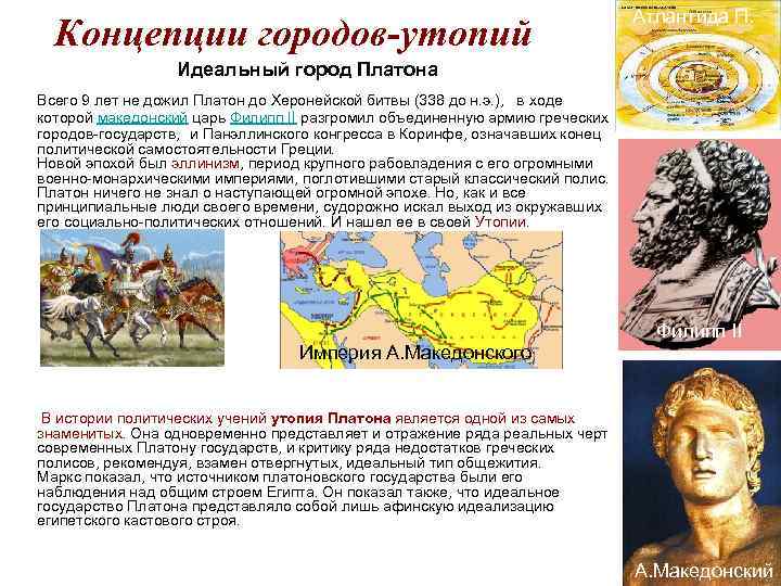 Концепции городов-утопий Идеальный город Платона Атлантида П. Всего 9 лет не дожил Платон до
