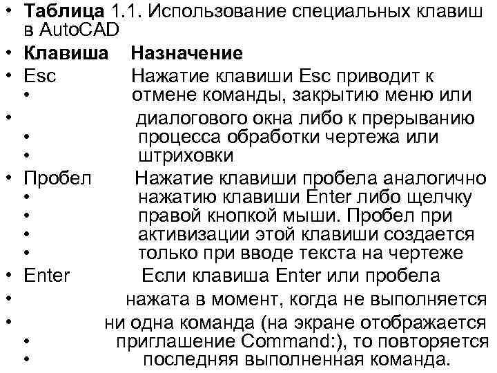  • Таблица 1. 1. Использование специальных клавиш в Auto. CAD • Клавиша Назначение