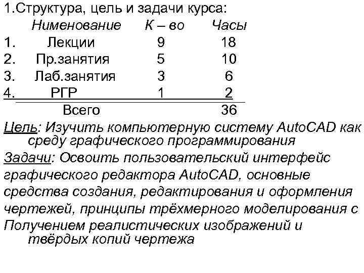 1. Структура, цель и задачи курса: Нименование К – во Часы 1. Лекции 9