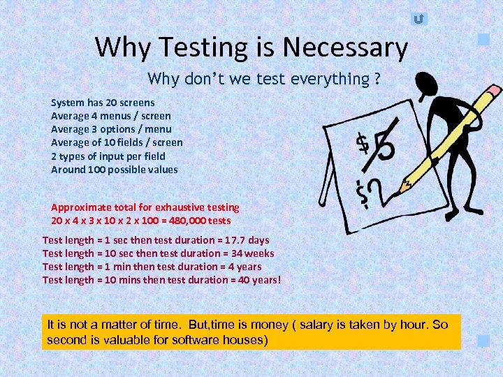 Why Testing is Necessary Why don’t we test everything ? System has 20 screens