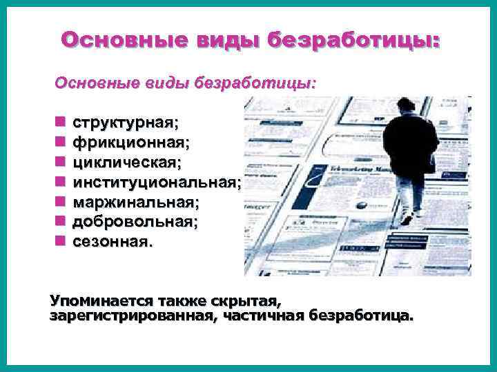 Основные виды безработицы: n n n n структурная; фрикционная; циклическая; институциональная; маржинальная; добровольная; сезонная.