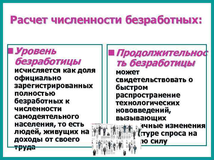 Расчет численности безработных: n Уровень безработицы исчисляется как доля официально зарегистрированных полностью безработных к