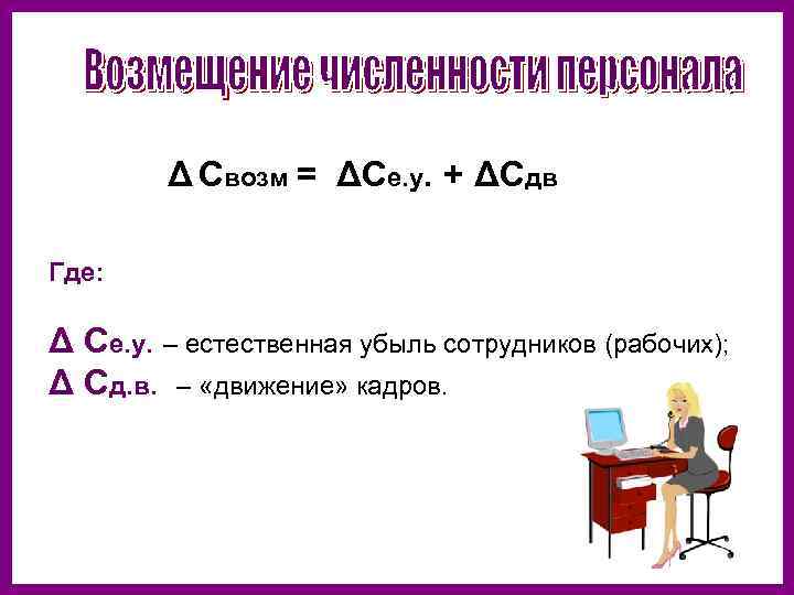 Δ Свозм = ΔСе. у. + ΔСдв Где: Δ Се. у. – естественная убыль