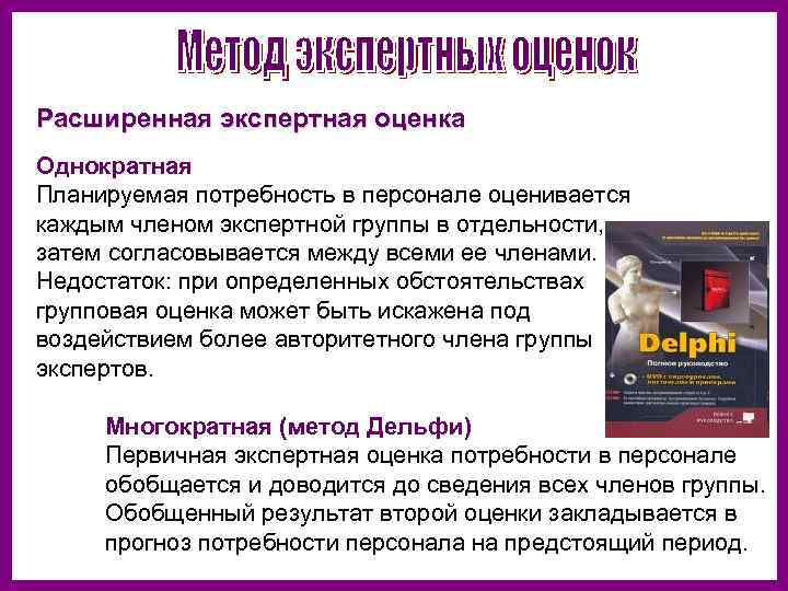 Расширенная экспертная оценка Однократная Планируемая потребность в персонале оценивается каждым членом экспертной группы в