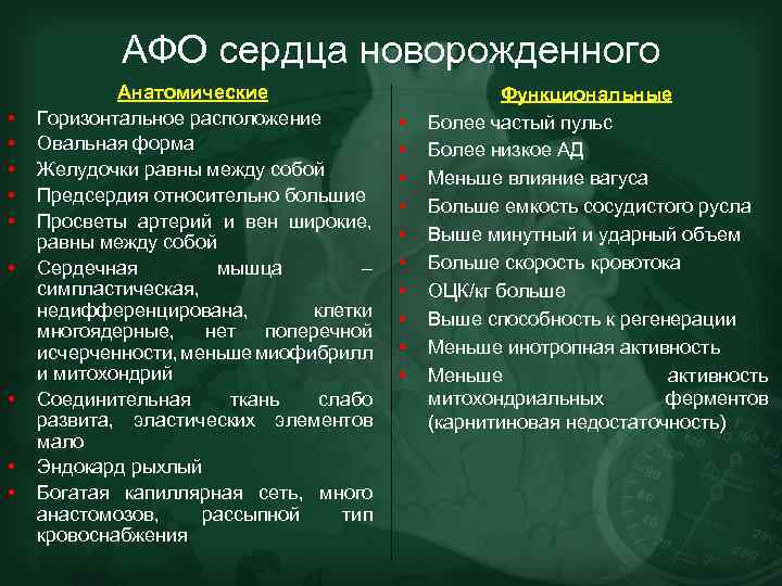 АФО сердца новорожденного • • • Анатомические Горизонтальное расположение Овальная форма Желудочки равны между
