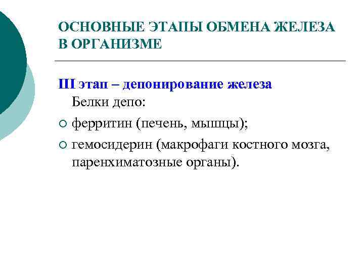 ОСНОВНЫЕ ЭТАПЫ ОБМЕНА ЖЕЛЕЗА В ОРГАНИЗМЕ III этап – депонирование железа Белки депо: ¡