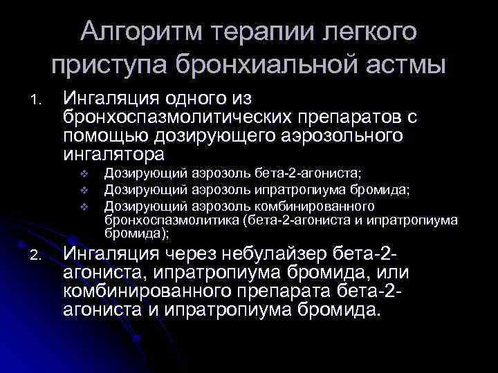 Алгоритм терапии легкого приступа бронхиальной астмы 1. Ингаляция одного из бронхоспазмолитических препаратов с помощью