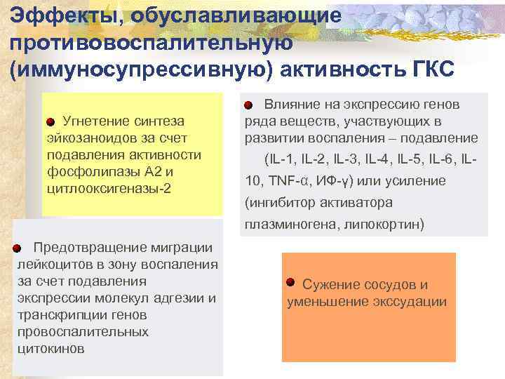 Эффекты, обуславливающие противовоспалительную (иммуносупрессивную) активность ГКС Угнетение синтеза эйкозаноидов за счет подавления активности фосфолипазы