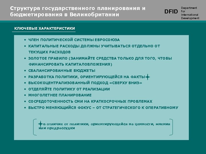 Структура государственного планирования и бюджетирования в Великобритании DFID КЛЮЧЕВЫЕ ХАРАКТЕРИСТИКИ • ЧЛЕН ПОЛИТИЧЕСКОЙ СИСТЕМЫ